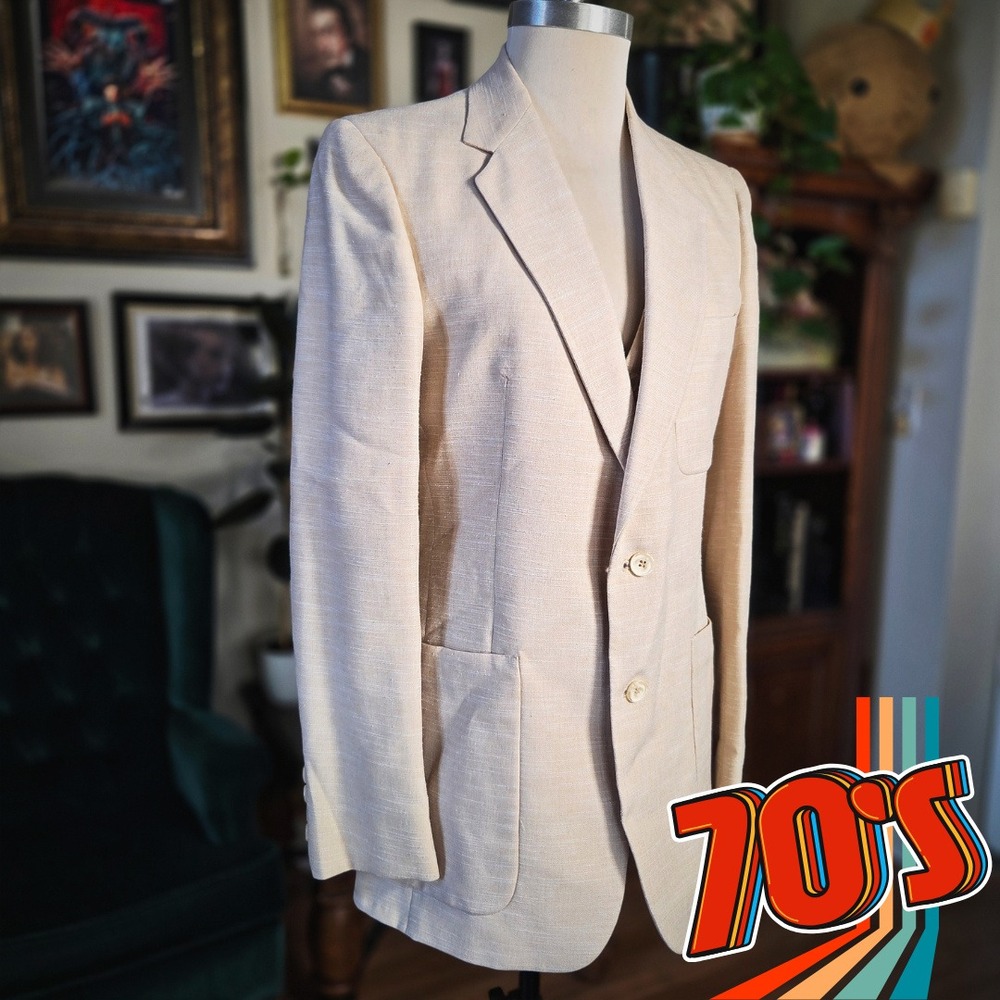 Fioravanti Brookfield Blazer Vest Set Vintage 70s Tan Linen Blend Suit Jacket SM